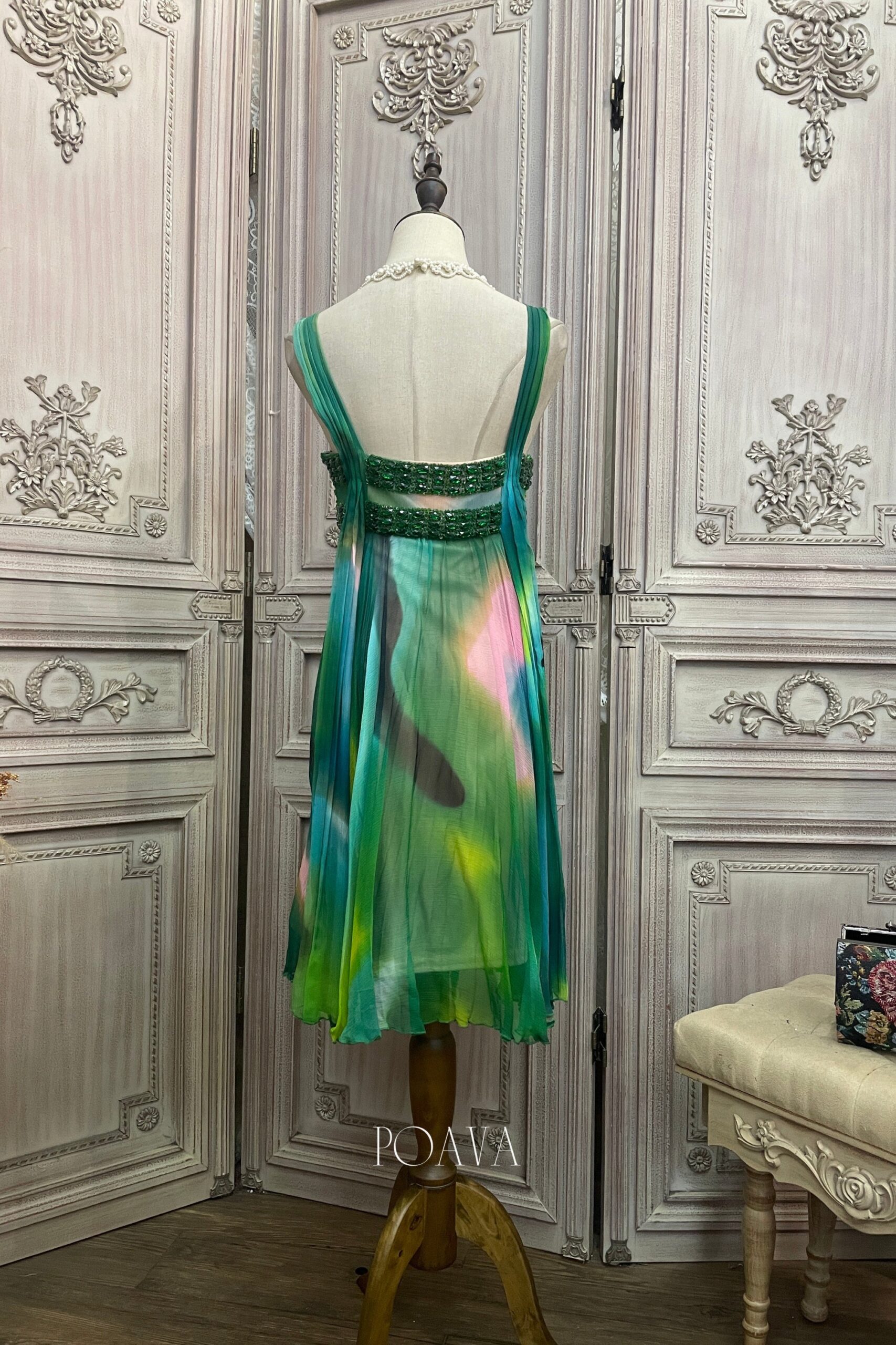 SILK GREEN MIDI DRESS PRINTED EVENING