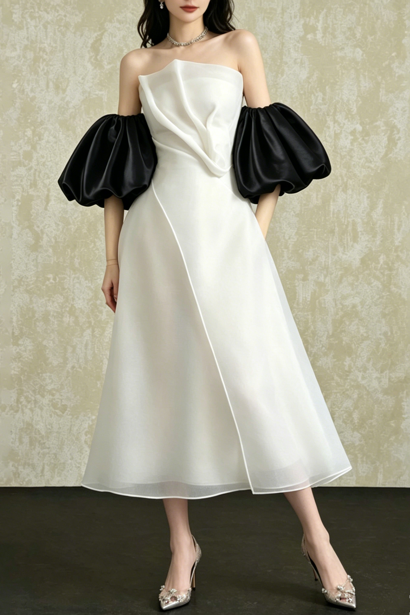 STRAPLESS PUFF SLEEVE ORGANZA MIDI DRESS, WHITE