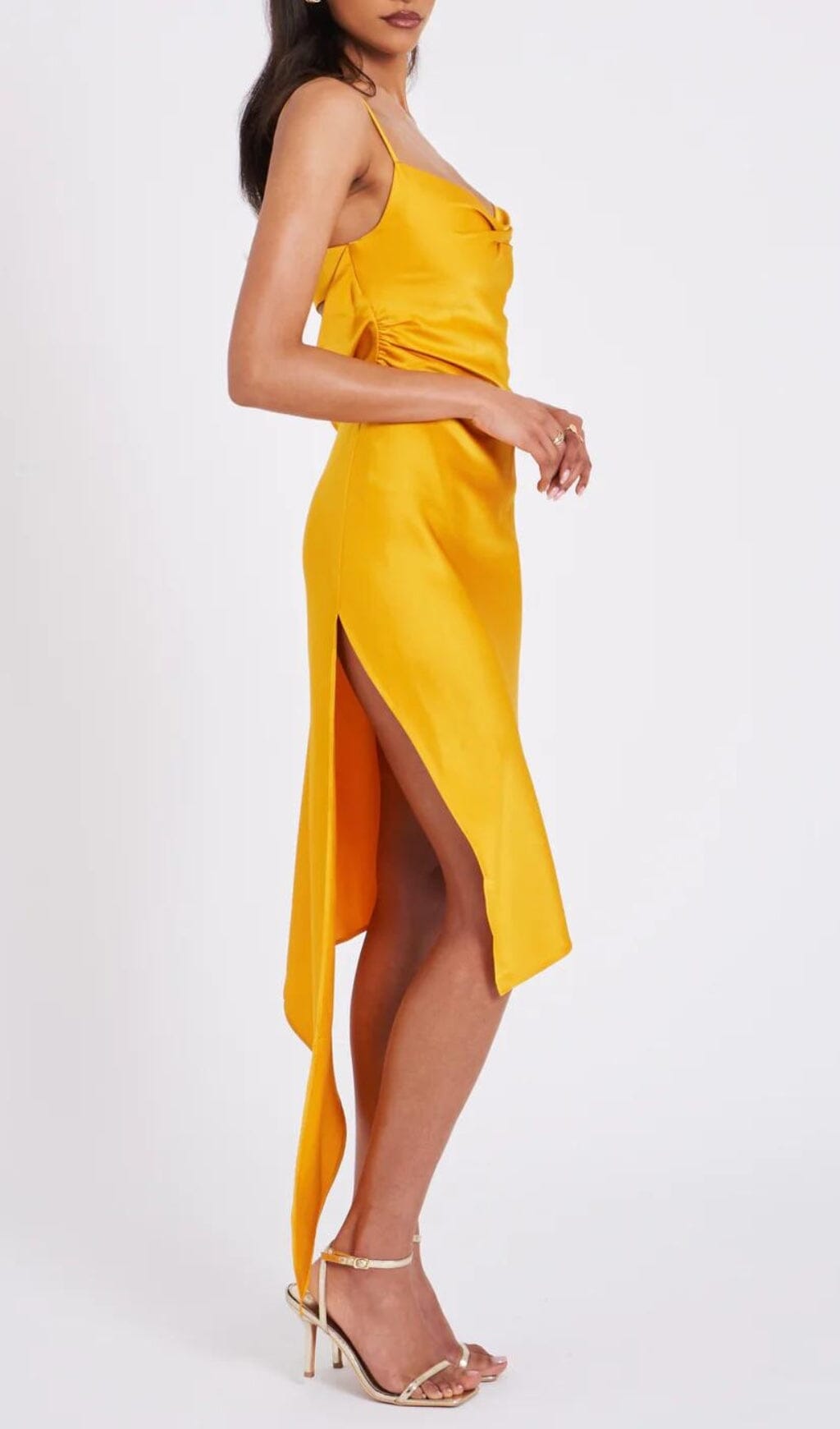 ORANGE SATIN DRAPE MIDI DRESS, COCKTAIL
