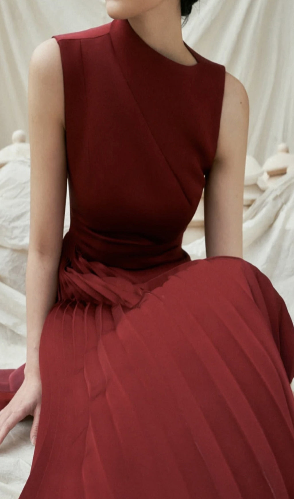 RED PLEATED MIDI DRESS FOR WEDDING GUEST
