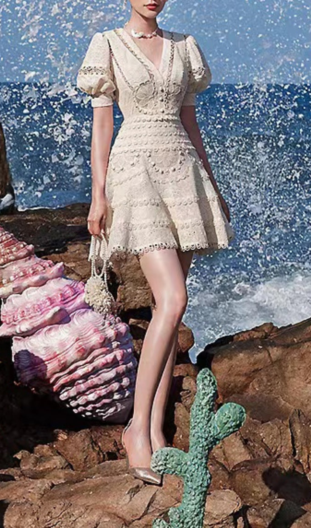 EMBROIDERED V-NECK MINI DRESS BEIGE