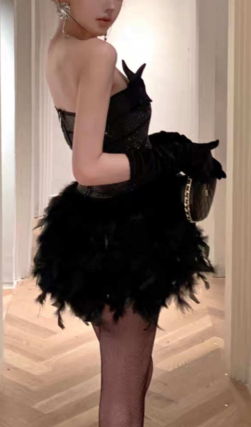 RHINESTONE FEATHER STRAPLESS MINI BLACK PARTY DRESS