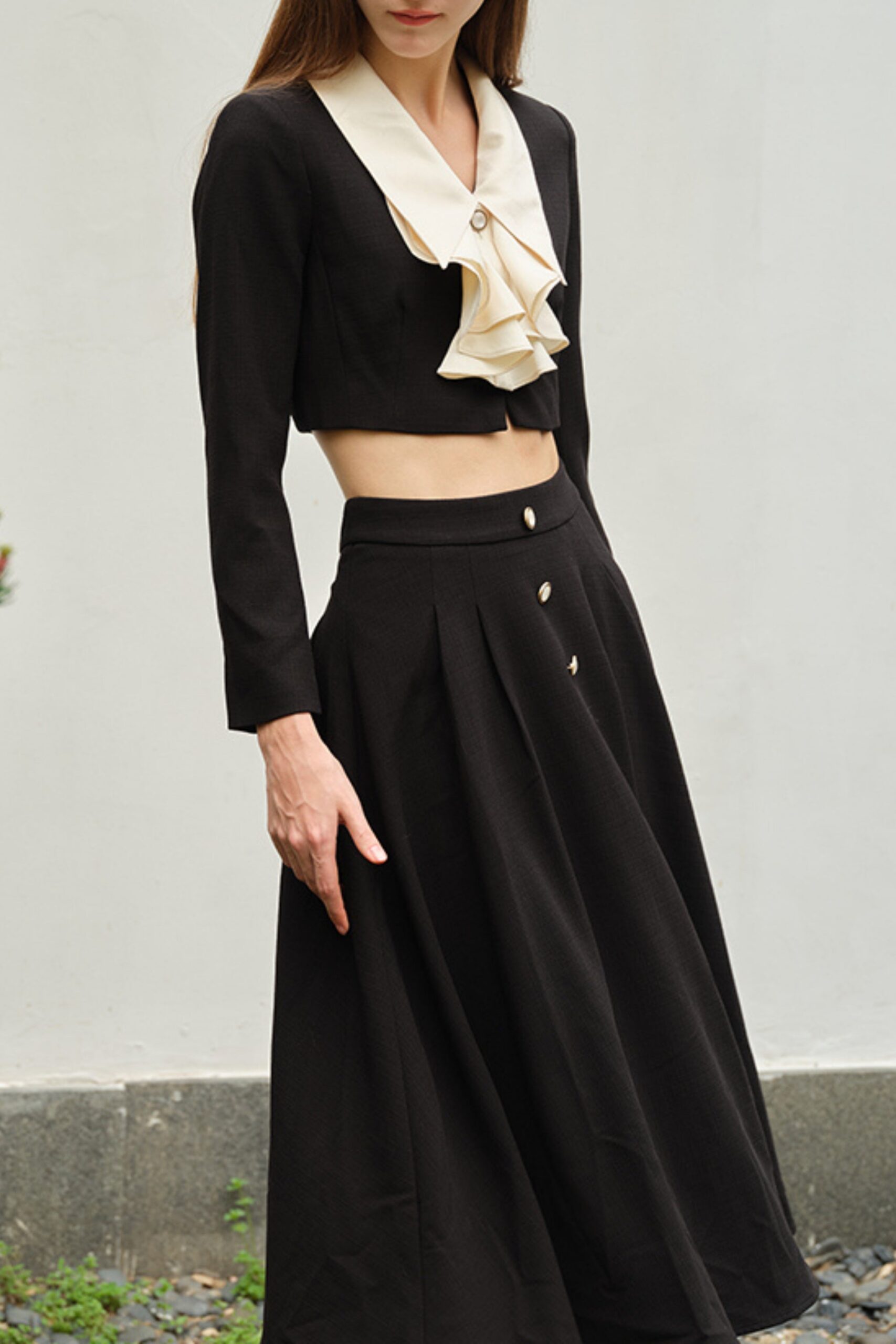 BLACK MIDI DRESS SET WITH BUCKLE