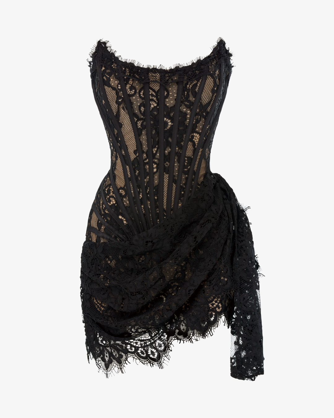 BLACK LACE CORSET DRAPED MINI COCKTAIL DRESS