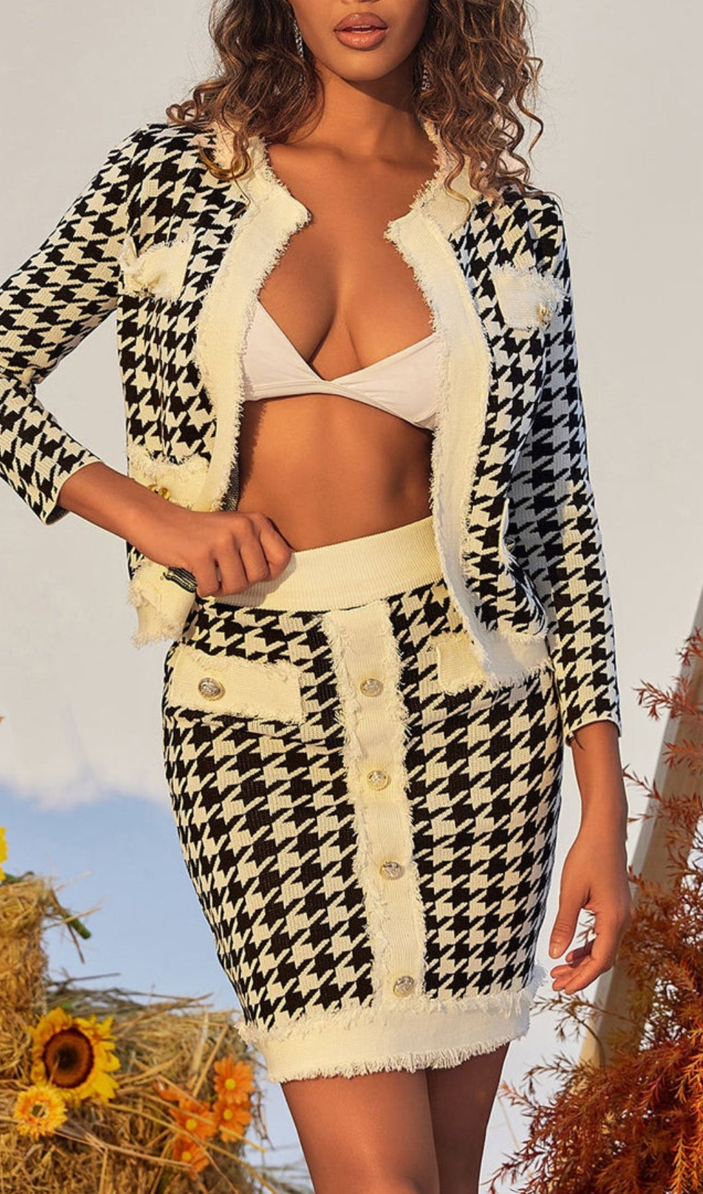 HOUNDSTOOTH KNIT SKIRT SET - CASUAL CHIC OUTFIT