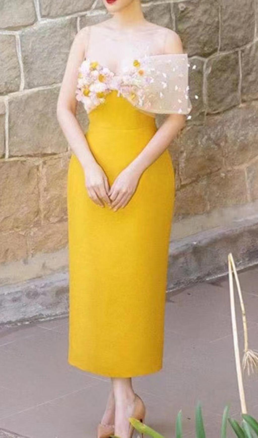 YELLOW FLOWER MIDI DRESS FOR WEDDING GUEST