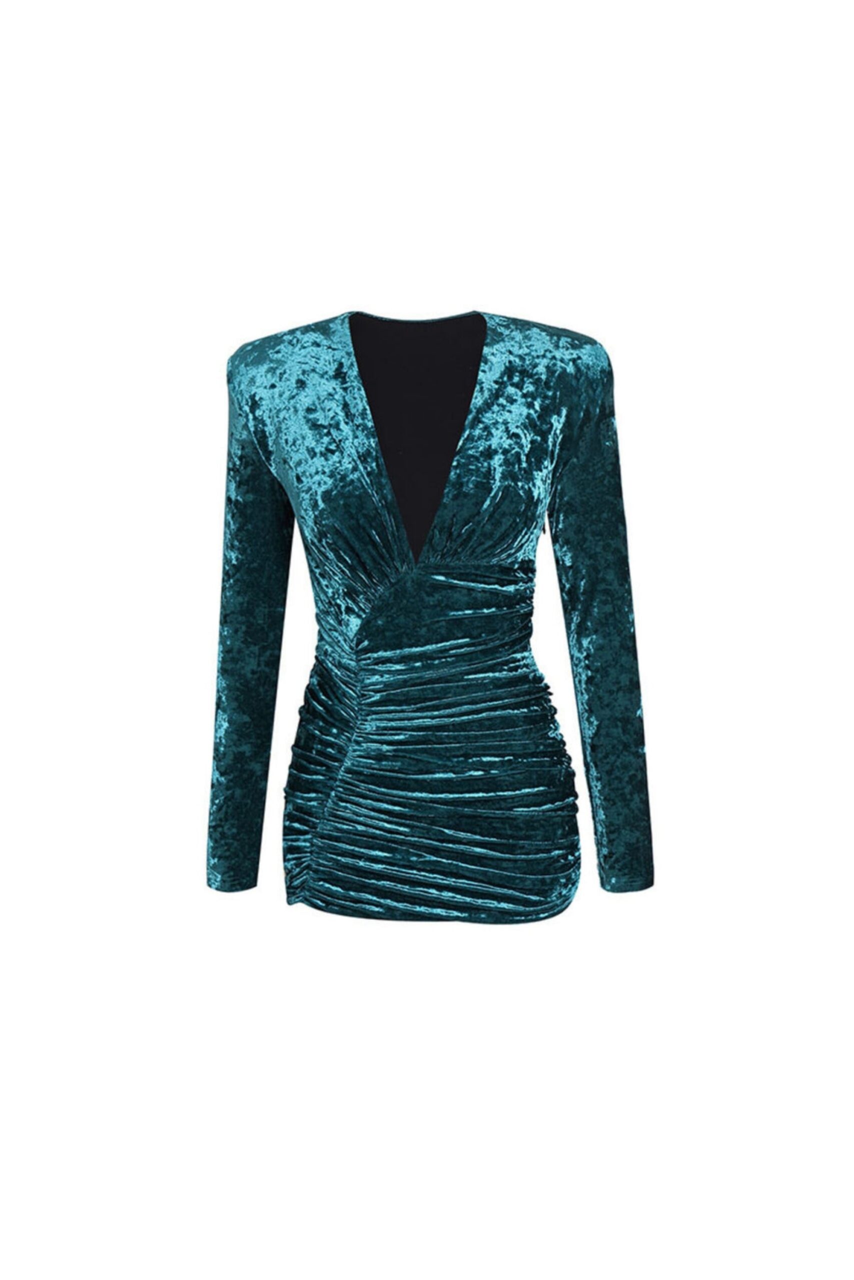 GREEN VELVET RUCHED V-NECK MINI DRESS