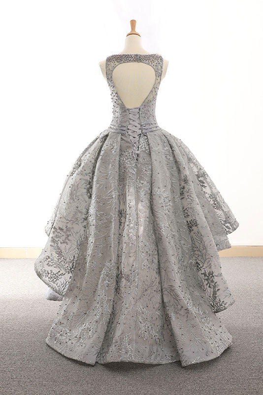 GRAY TULLE LACE HIGH LOW PROM DRESS