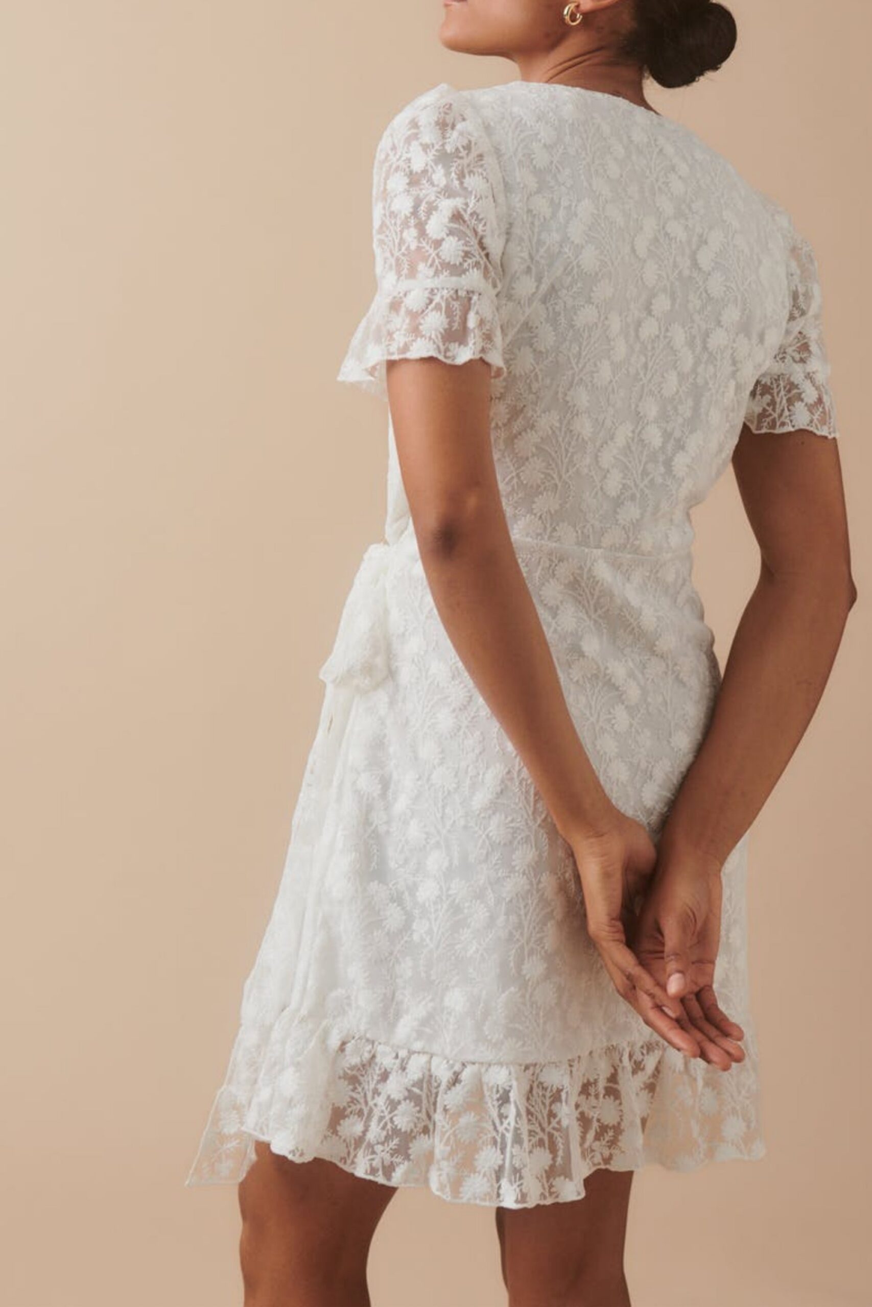 LACE FLORAL WRAP MINI DRESS FOR WEDDING GUEST