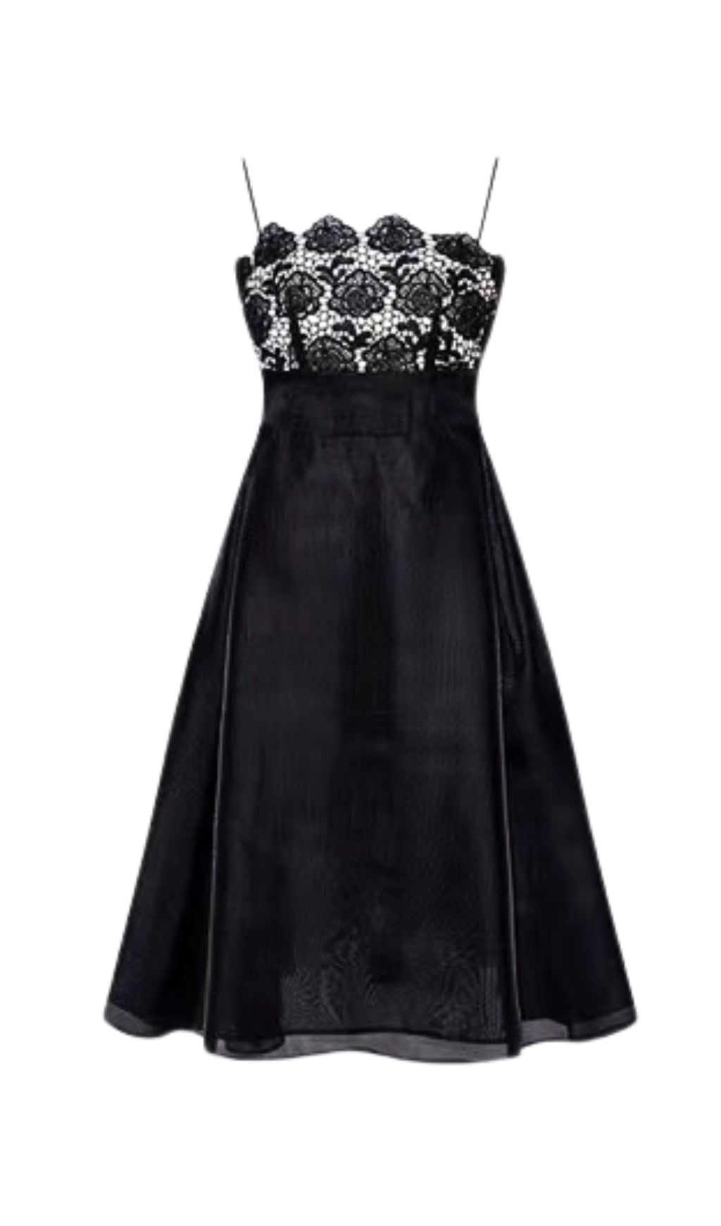 BLACK LACE MIDI DRESS WITH CAMISOLE BODICE