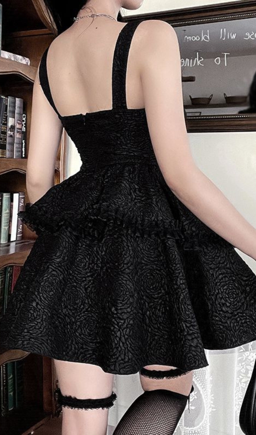 BLACK TEXTURED SUSPENDER MINI DRESS FOR PARTY