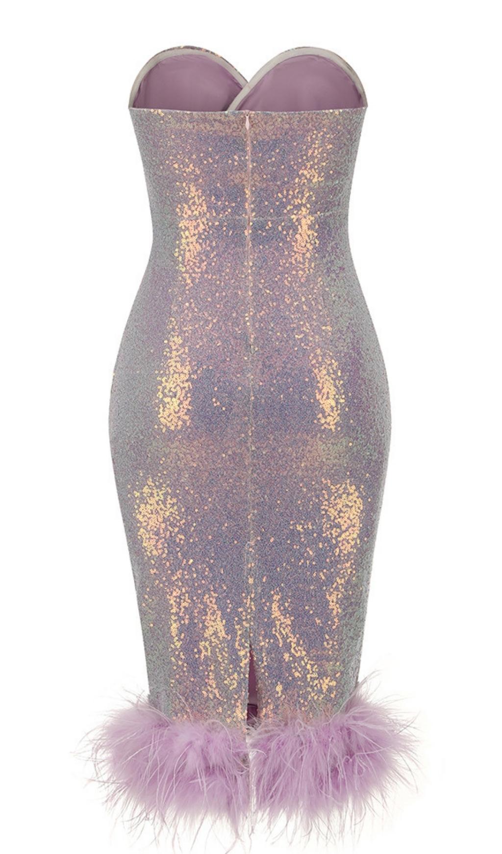 FEATHER SEQUIN PURPLE MIDI DRESS FOR PARTY