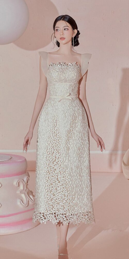 RUFFLE LACE MIDI DRESS IN WHITE - OH CICI - LATEST PARTY WEAR 2023 RUFFLE LACE MIDI DRESS IN WHITE - OH CICI - LATEST PARTY WEAR 2023