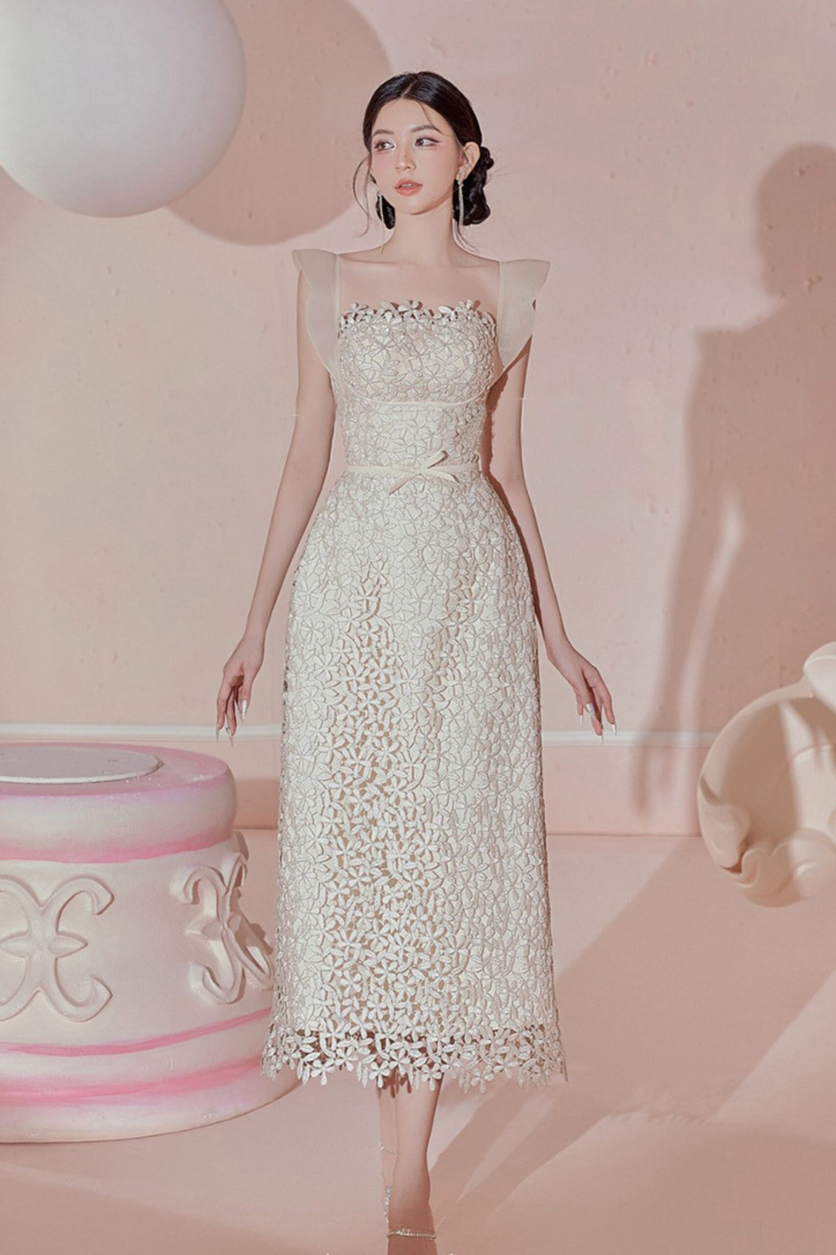 RUFFLE LACE MIDI DRESS IN WHITE - OH CICI - LATEST PARTY WEAR 2023