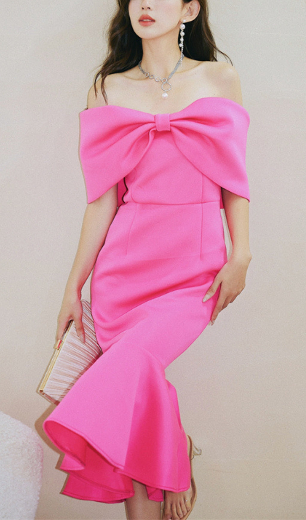 PINK ONE-SHOULDER MIDI DRESS WITH BOW