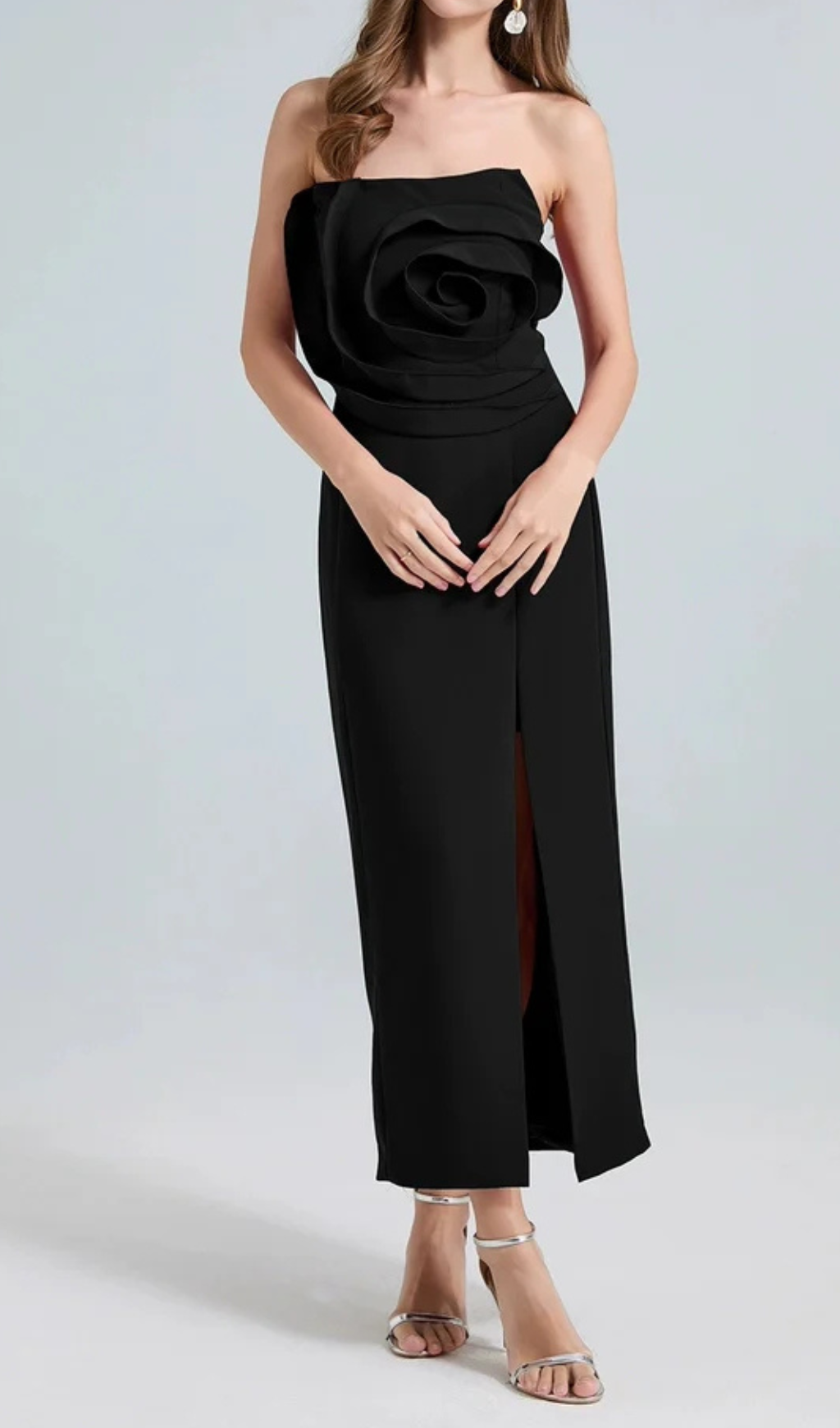 MICHELLE 3D FLOWER STRAPLESS MIDI DRESS BLACK