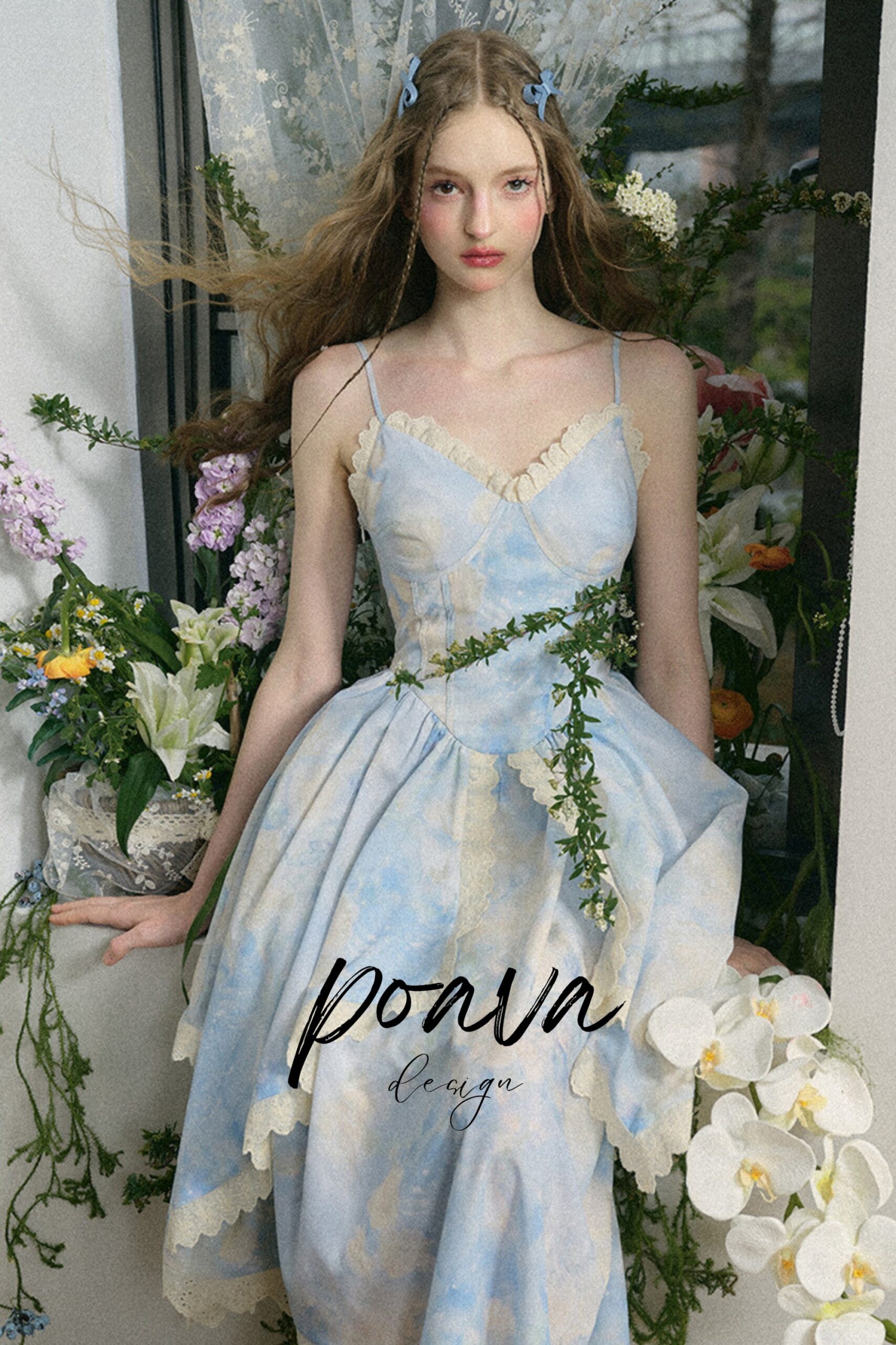 BLUE LACE FLORAL MIDI DRESS FOR WEDDING GUEST