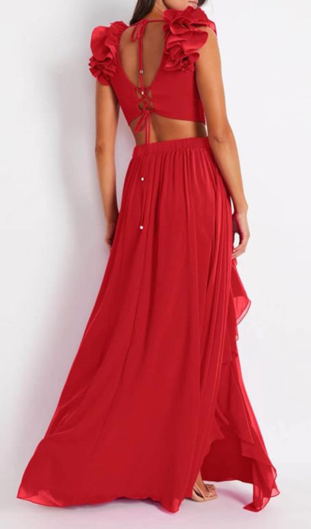 DEEP V RED CUTOUT ONE PIECE SWIMSUIT SKIRT SET