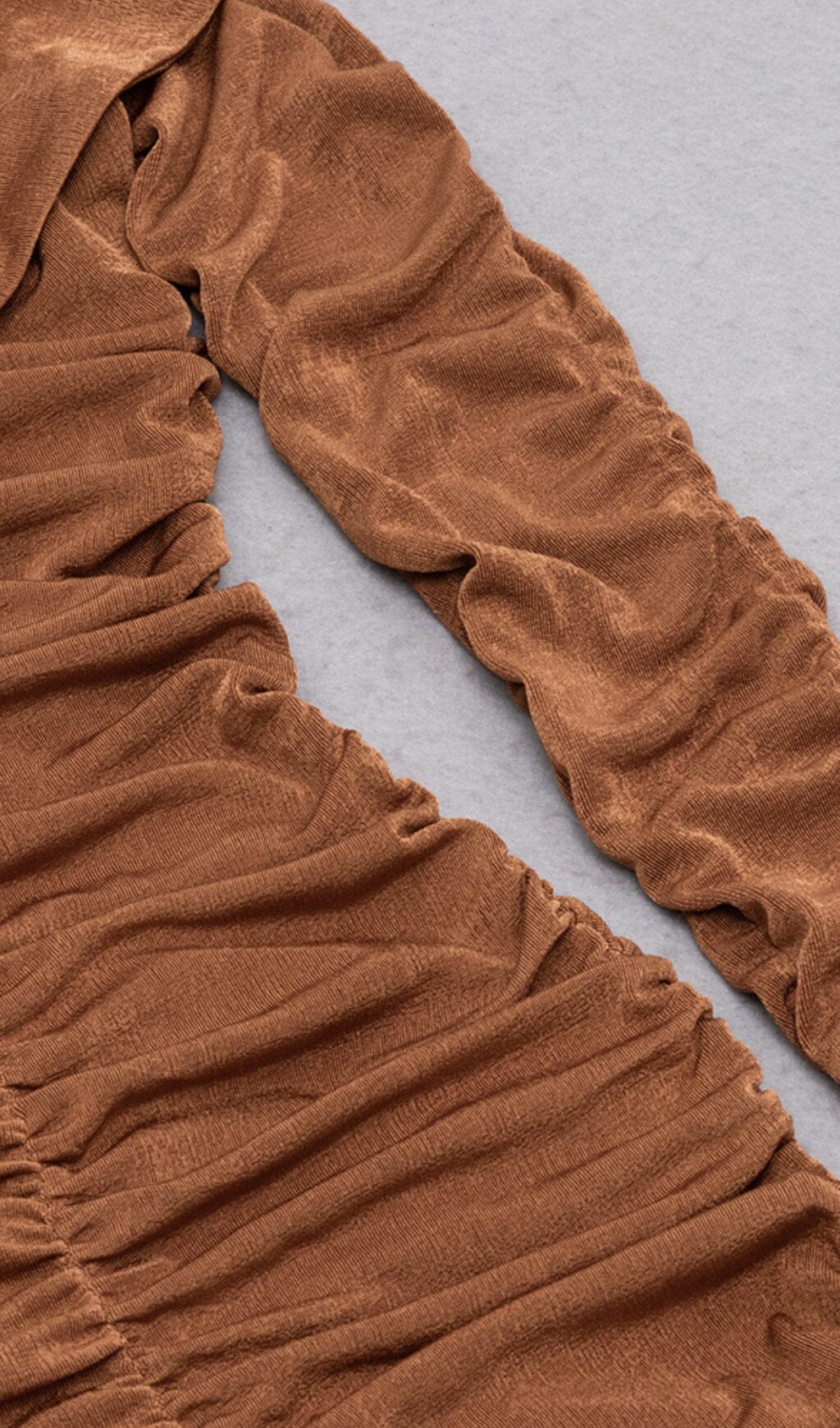 BROWN OFF-SHOULDER PLEATED MIDI DRESS