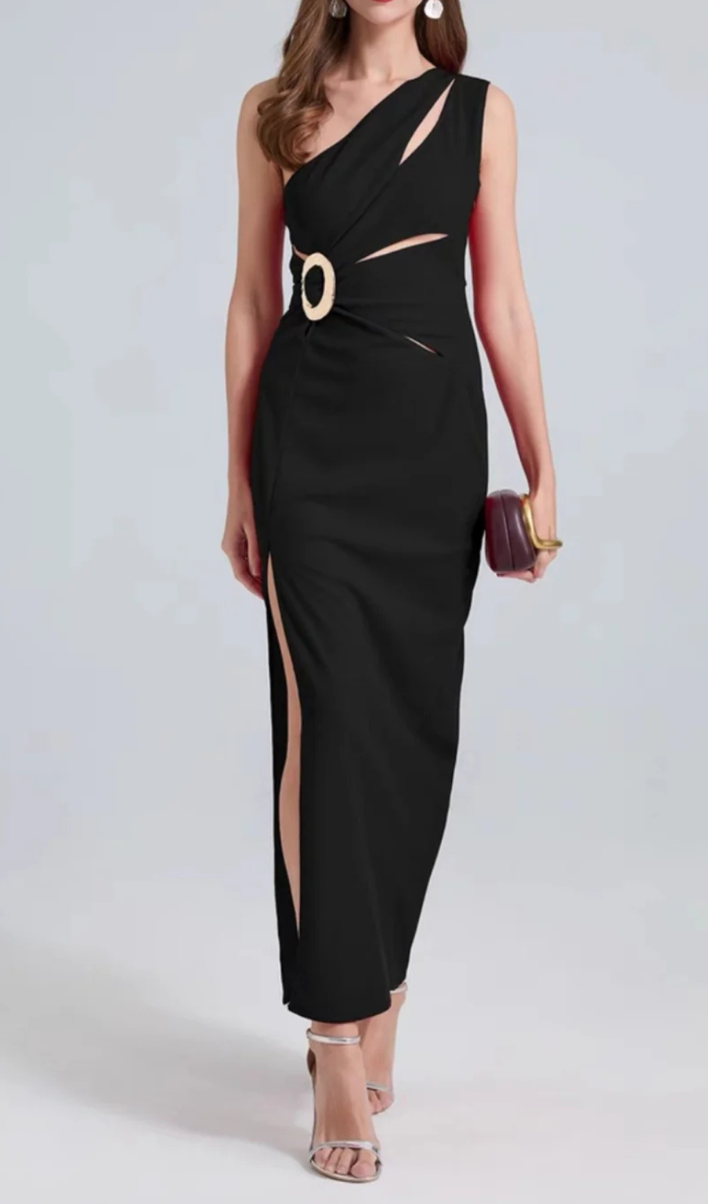 ONE-SHOULDER SIDE SLIT MAXI DRESS, BLACK