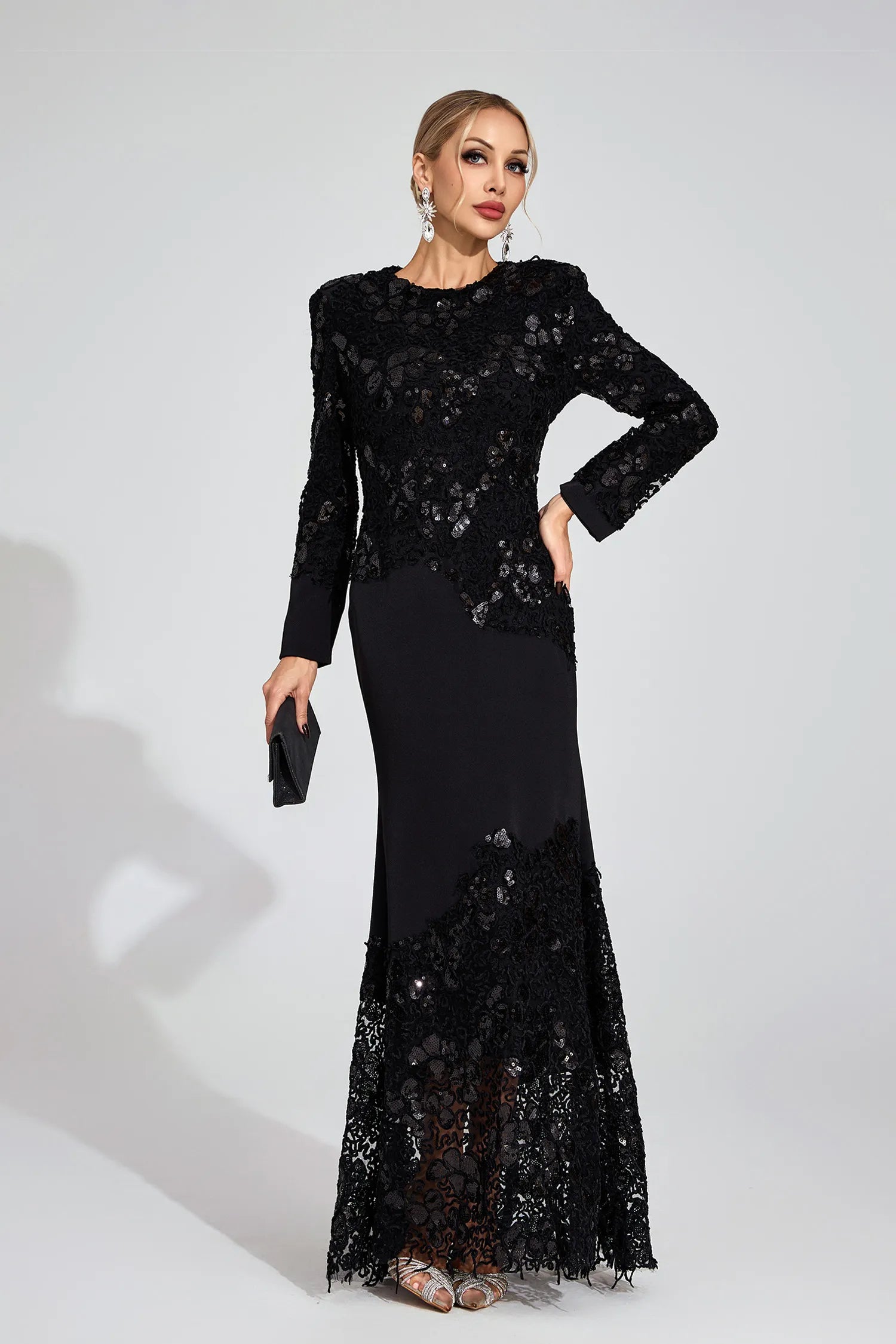 JOANNA BLACK EMBROIDERED MAXI DRESS LONG SLEEVE