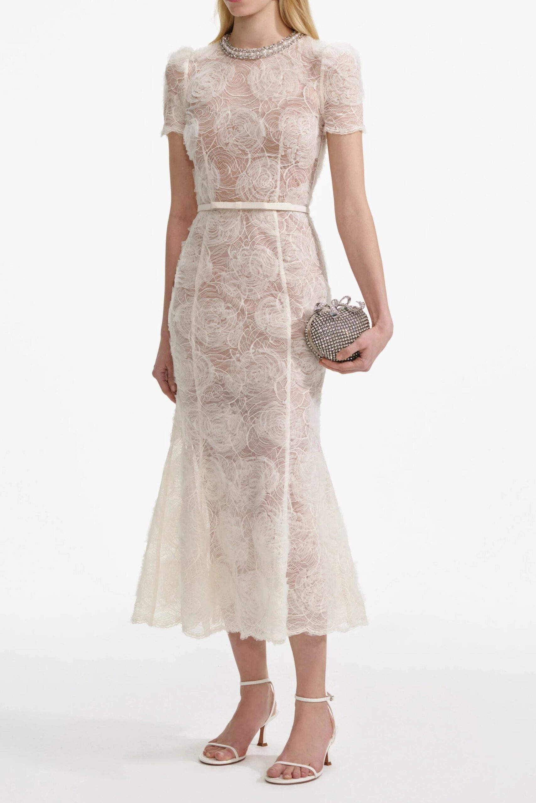 TULLE LACE MIDI DRESS WITH DIAMANTE BEIGE