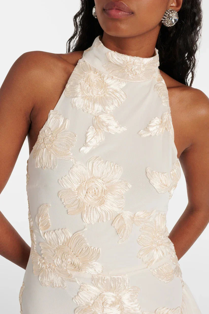 ROBERTA WHITE ASYMMETRIC HALTER MIDI DRESS