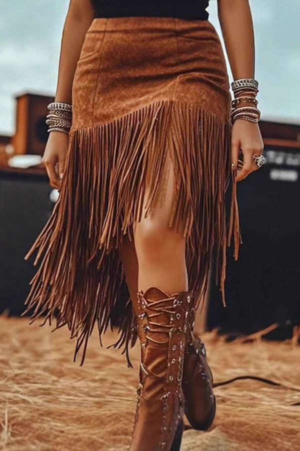 RETRO HIGH-WAIST TASSEL MIDI SKIRT