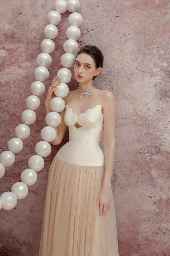TWO-TONE TUBE TOP TULLE MIDI DRESS
