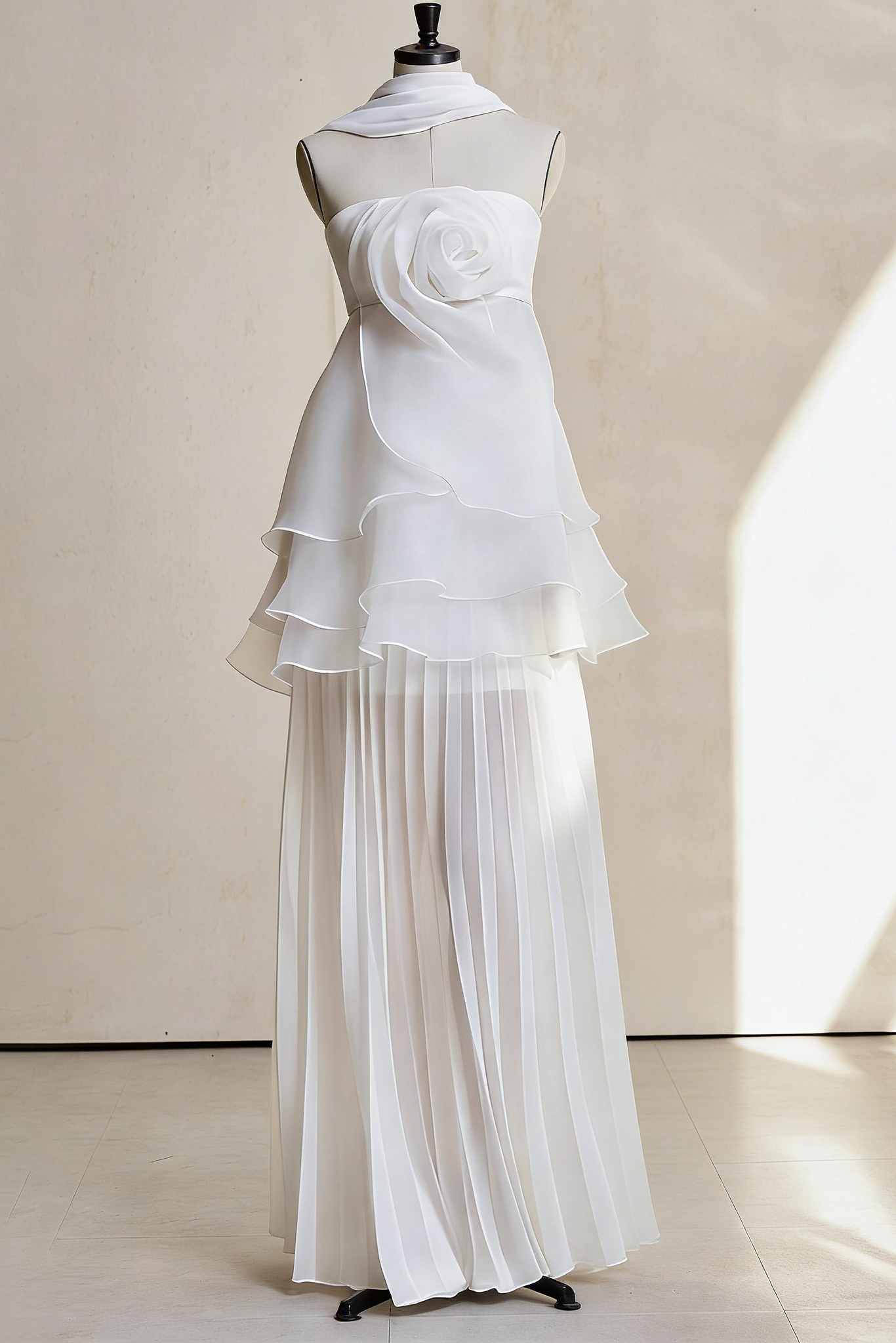WHITE STRAPLESS ROSE APPLIQUE TIERED MAXI DRESS