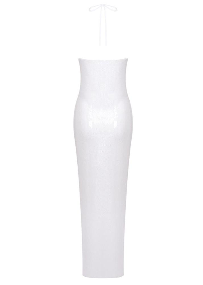 ANILA GLITTER ROSETTE HALTER MAXI DRESS WHITE