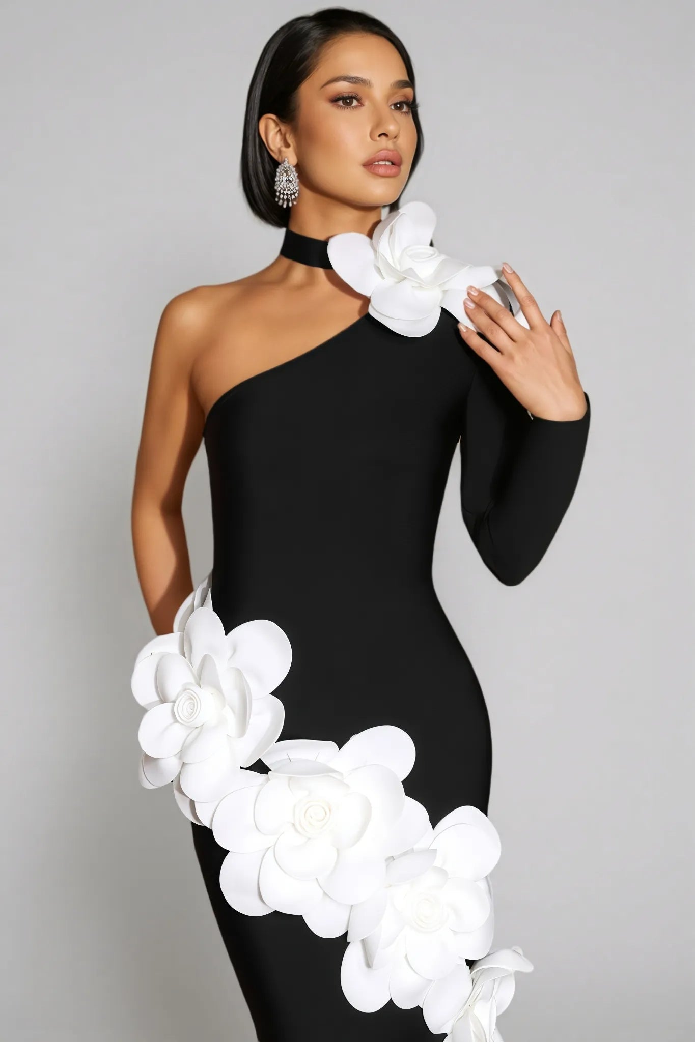 GEMMA ONE SHOULDER 3D FLOWER BANDAGE MAXI DRESS BLACK