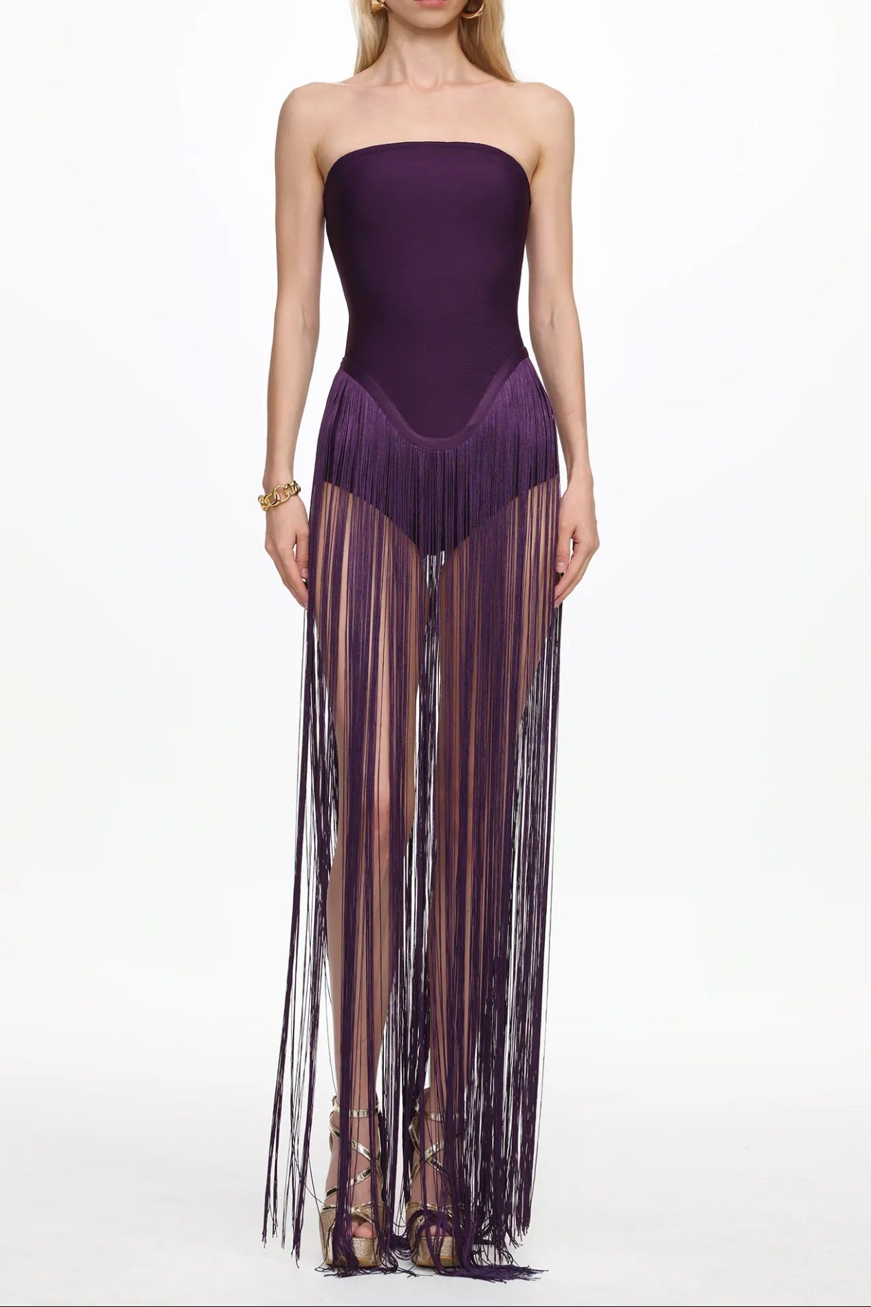 helen Bodysuit Fringe Strapless mini Dress in purple