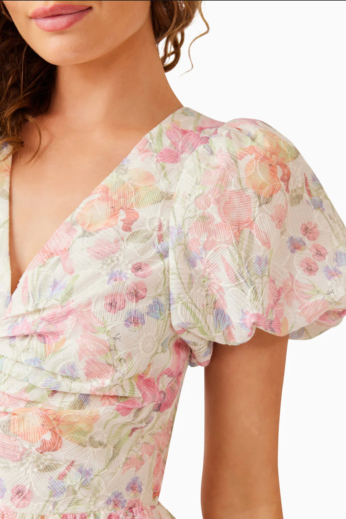 V-NECK PUFF SLEEVE FLORAL MAXI DRESS PINK