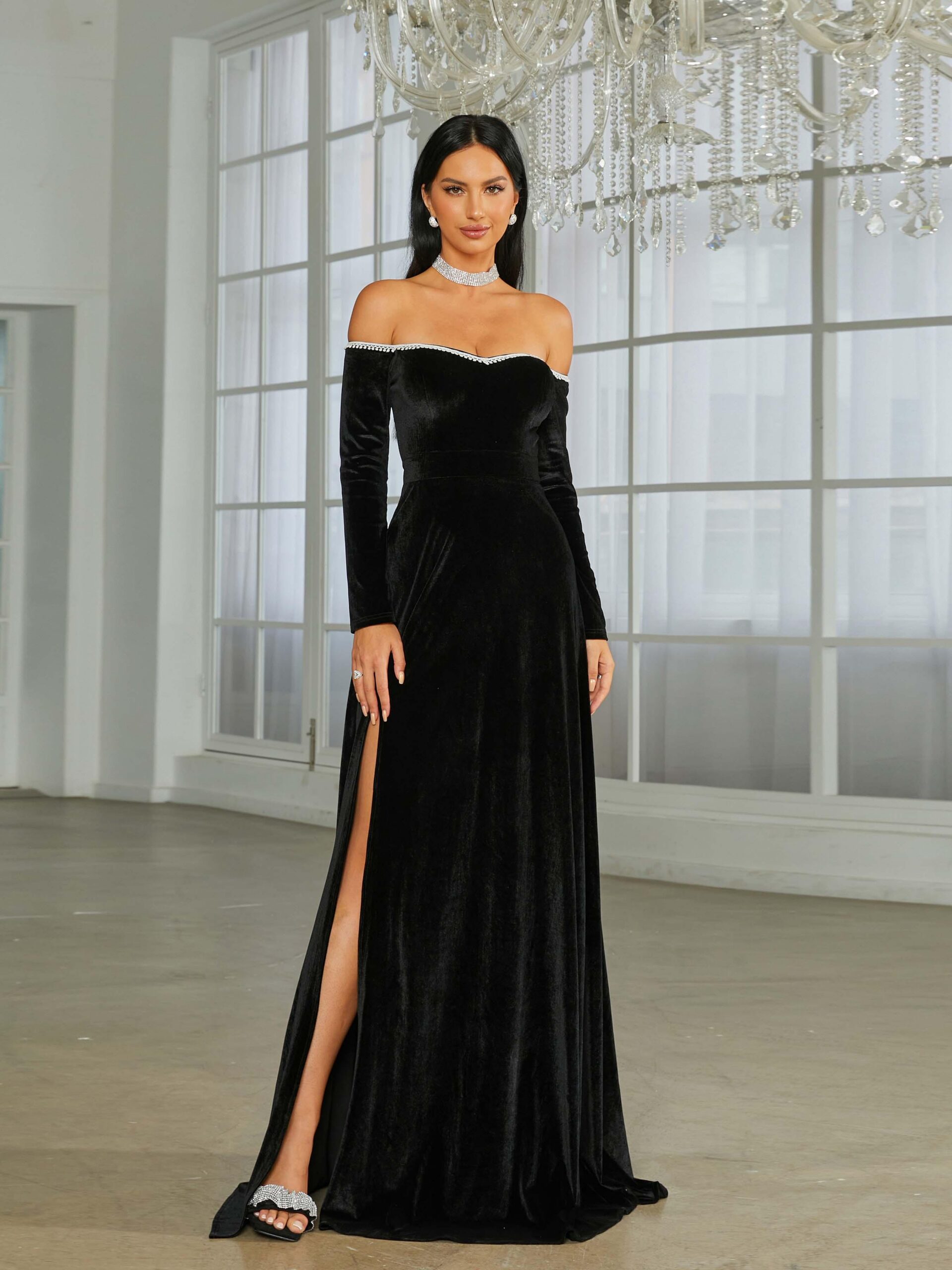 OFF SHOULDER VELVET SPLIT EVENING DRESS