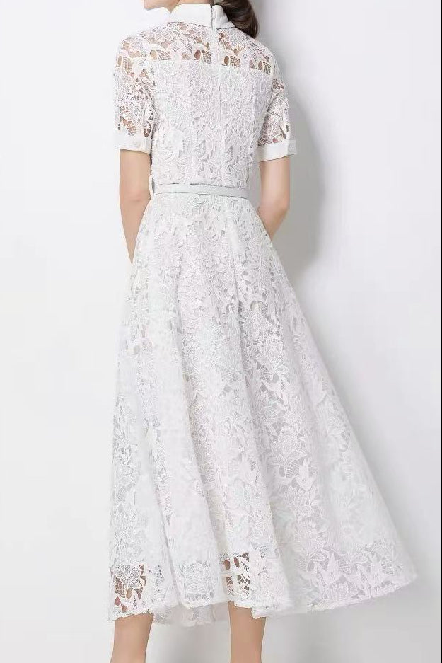 LACE COLLAR BELTED MIDI DRESS FOR WEDDING GUEST
