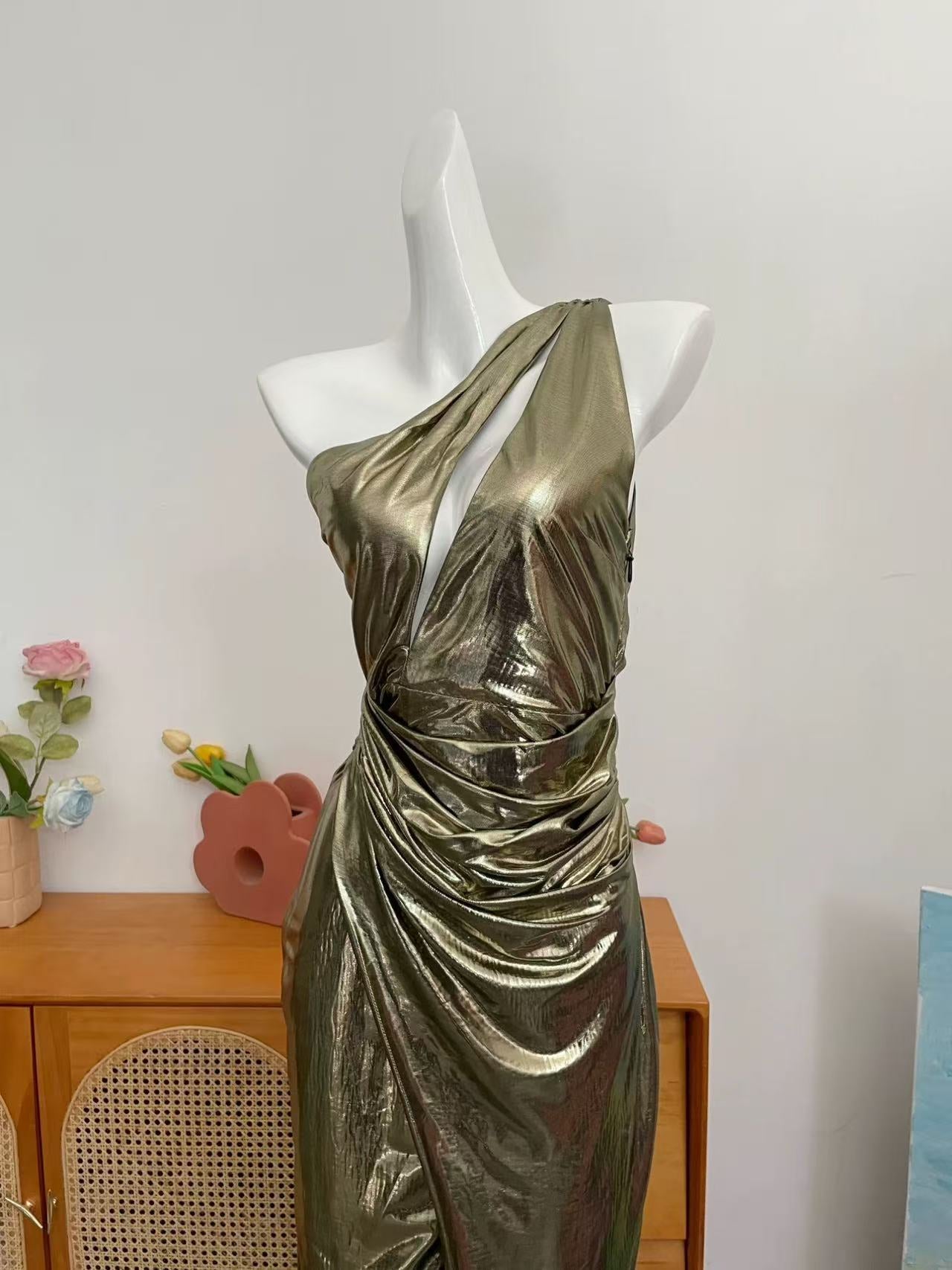 GOLD METALLIC HIGH SLIT MAXI GOWN