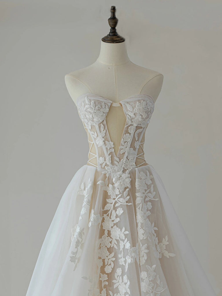 LIGHT CHAMPAGNE A-LINE LACE TULLE PROM GOWN