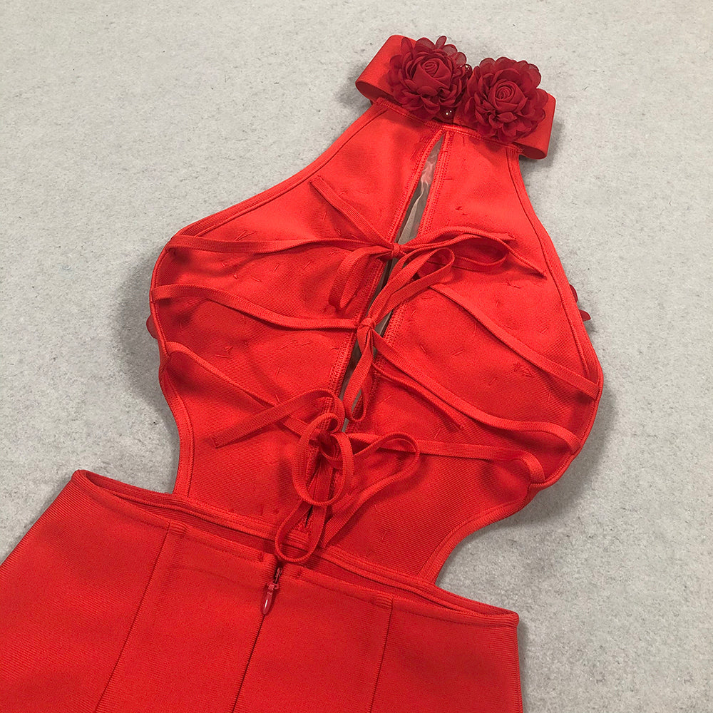 HALTER 3D FLOWER BACKLESS MAXI DRESS RED