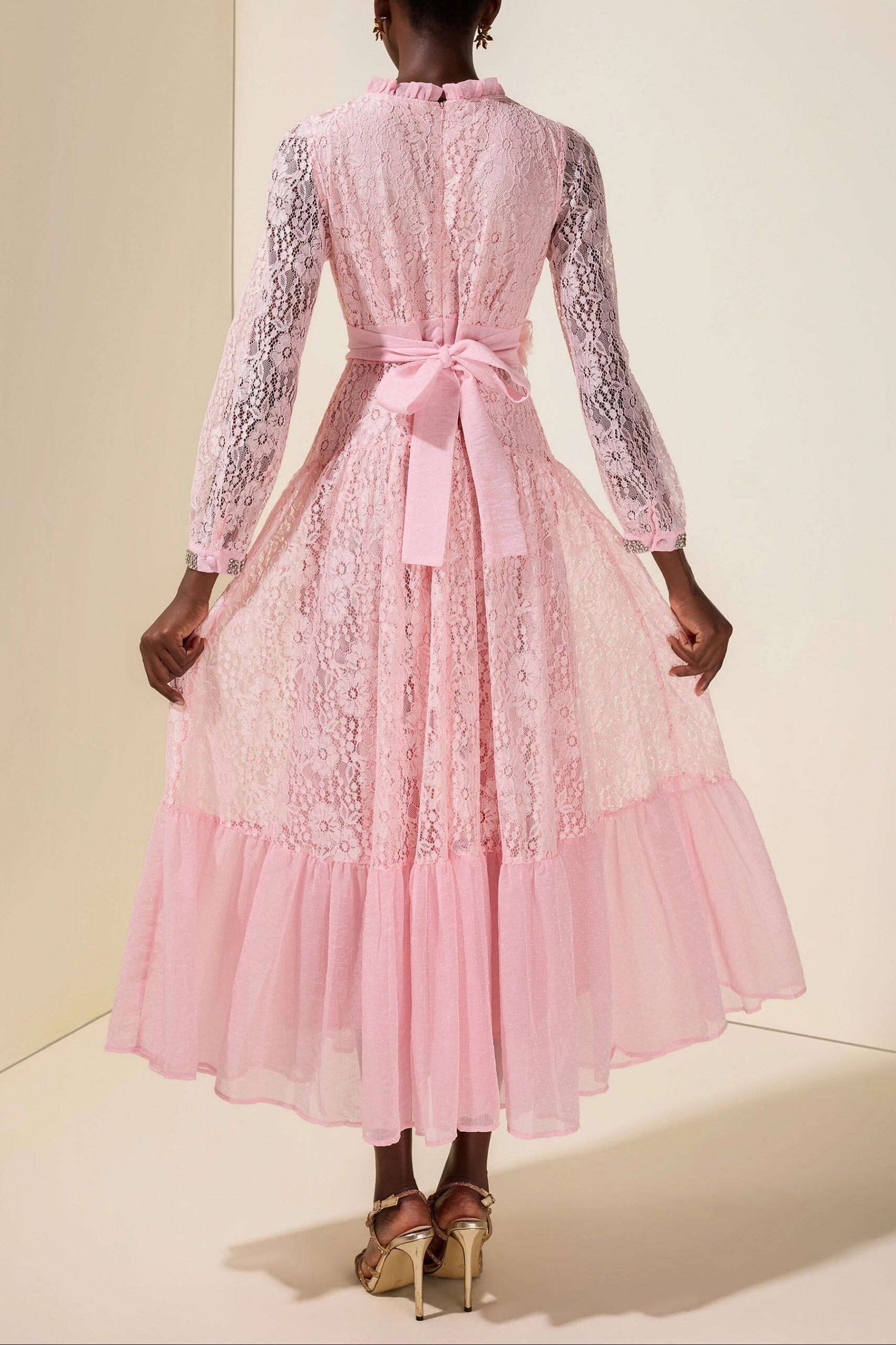 VIRGINIA LACE MIDI DRESS 3D FLOWER RHINESTONE PINK