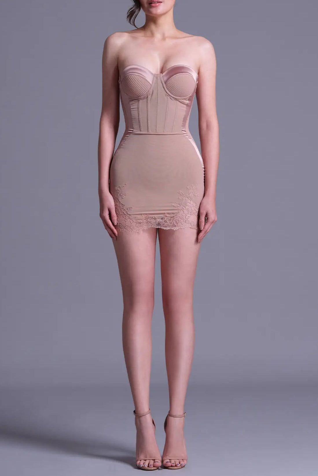 8e7695ba-6160-4d1f-bf92-2ee0db1c73d5 SHERRY NUDE LACE BUSTIER MINI DRESS, CORSET SILHOUETTE