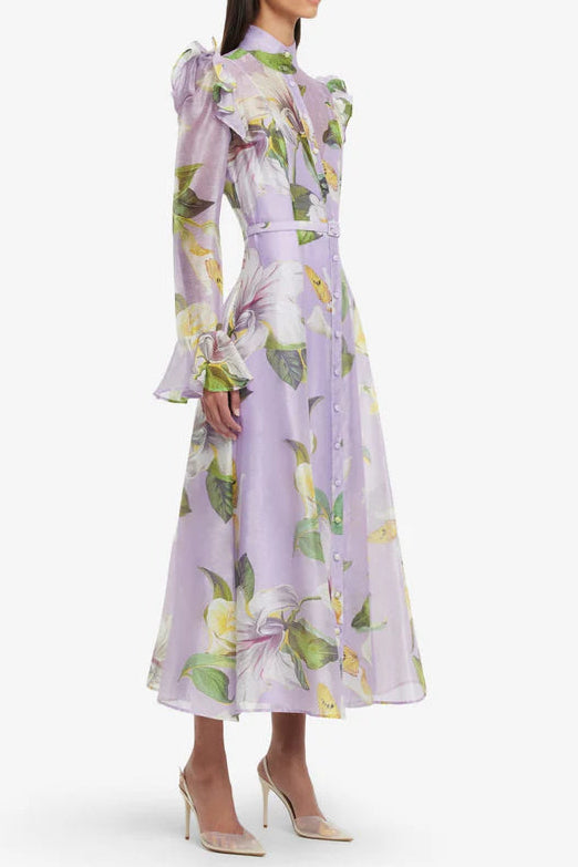 BUTTERFLY SLEEVE LILAC MIDI DRESS, FLORAL PRINT, WEDDING GUEST