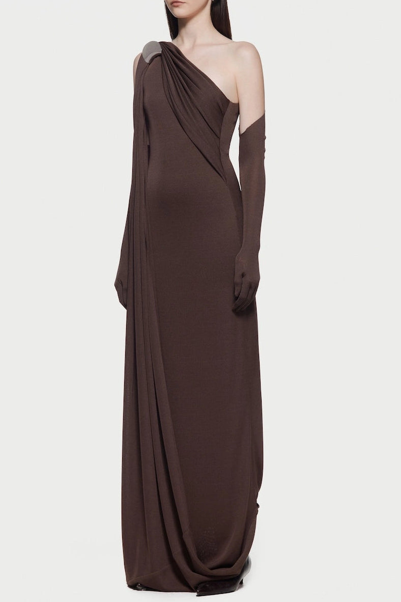 XAVIERA BROWN ONE-SHOULDER BACKLESS PLEATED MAXI DRESS