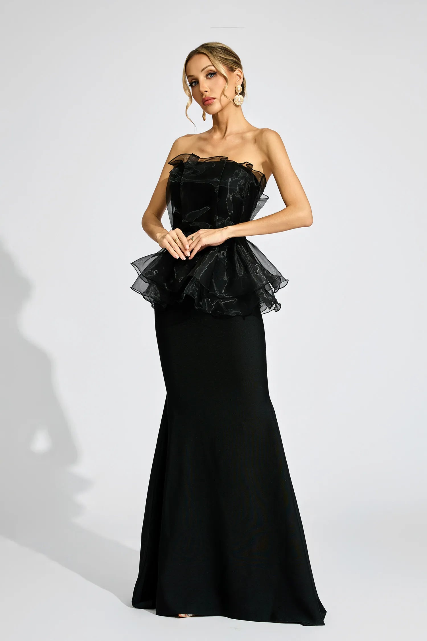 LORRAINE BLACK PEPLUM STRAPLESS MAXI DRESS