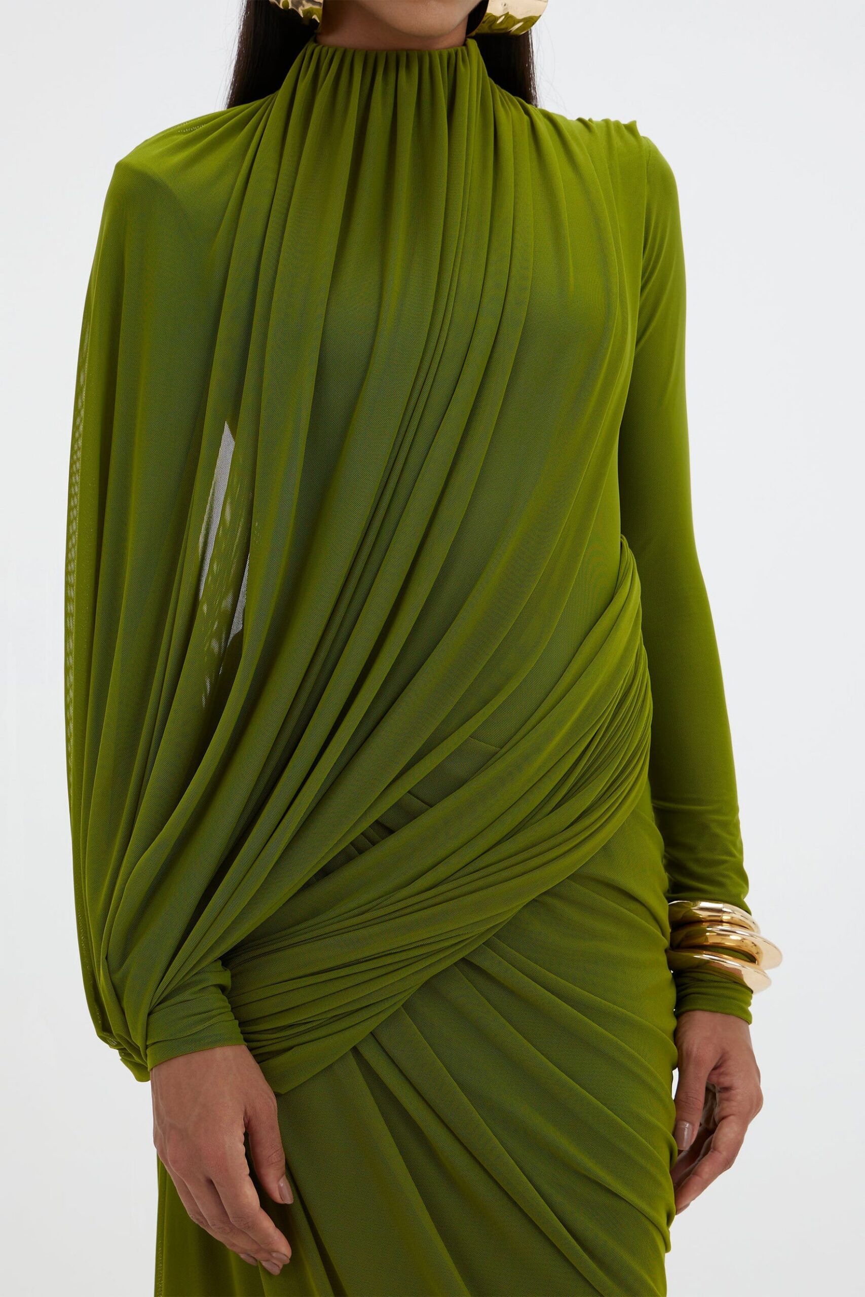 LIZ HIGH NECK ASYMMETRIC DRAPE MAXI DRESS IN GREEN