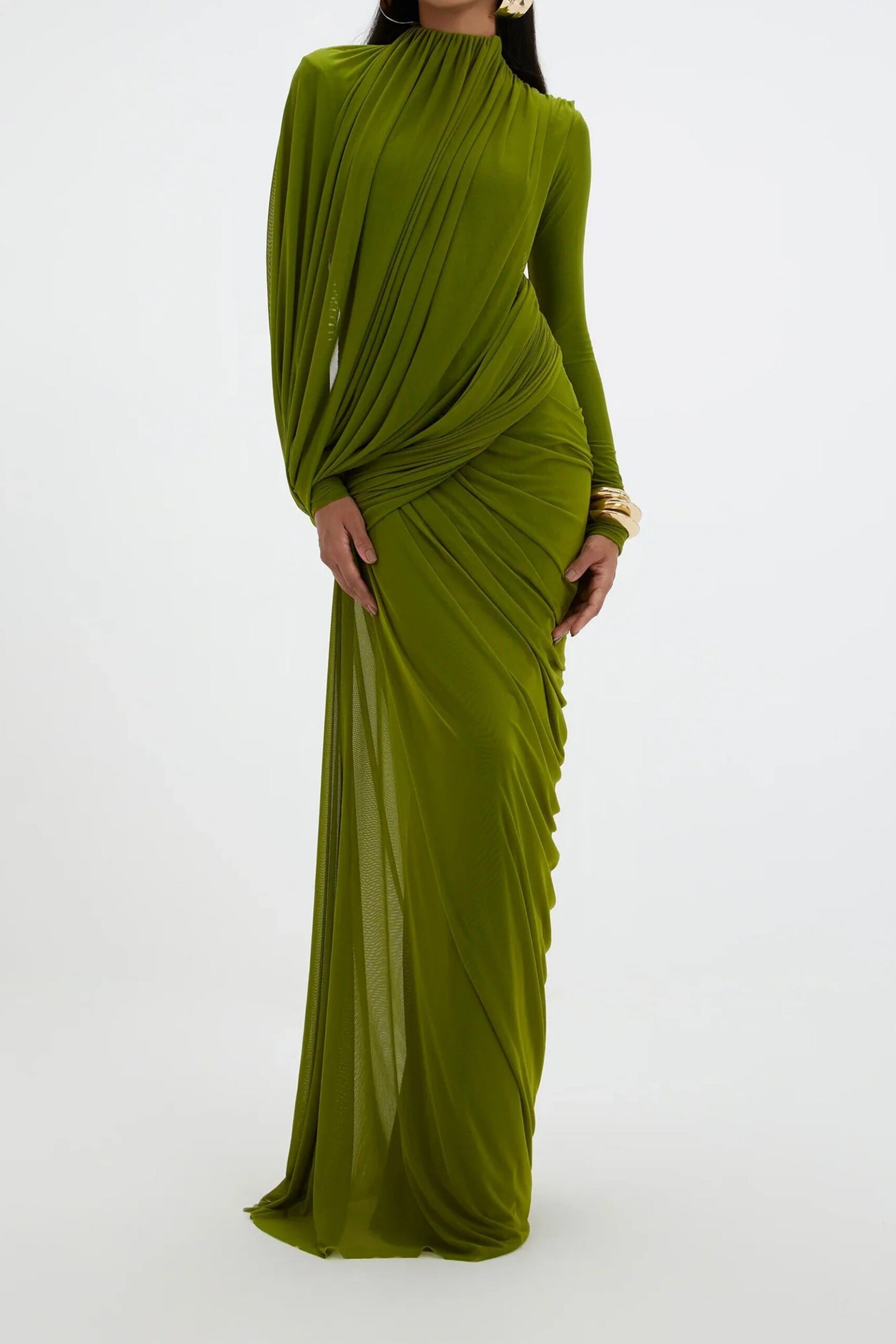 LIZ HIGH NECK ASYMMETRIC DRAPE MAXI DRESS IN GREEN