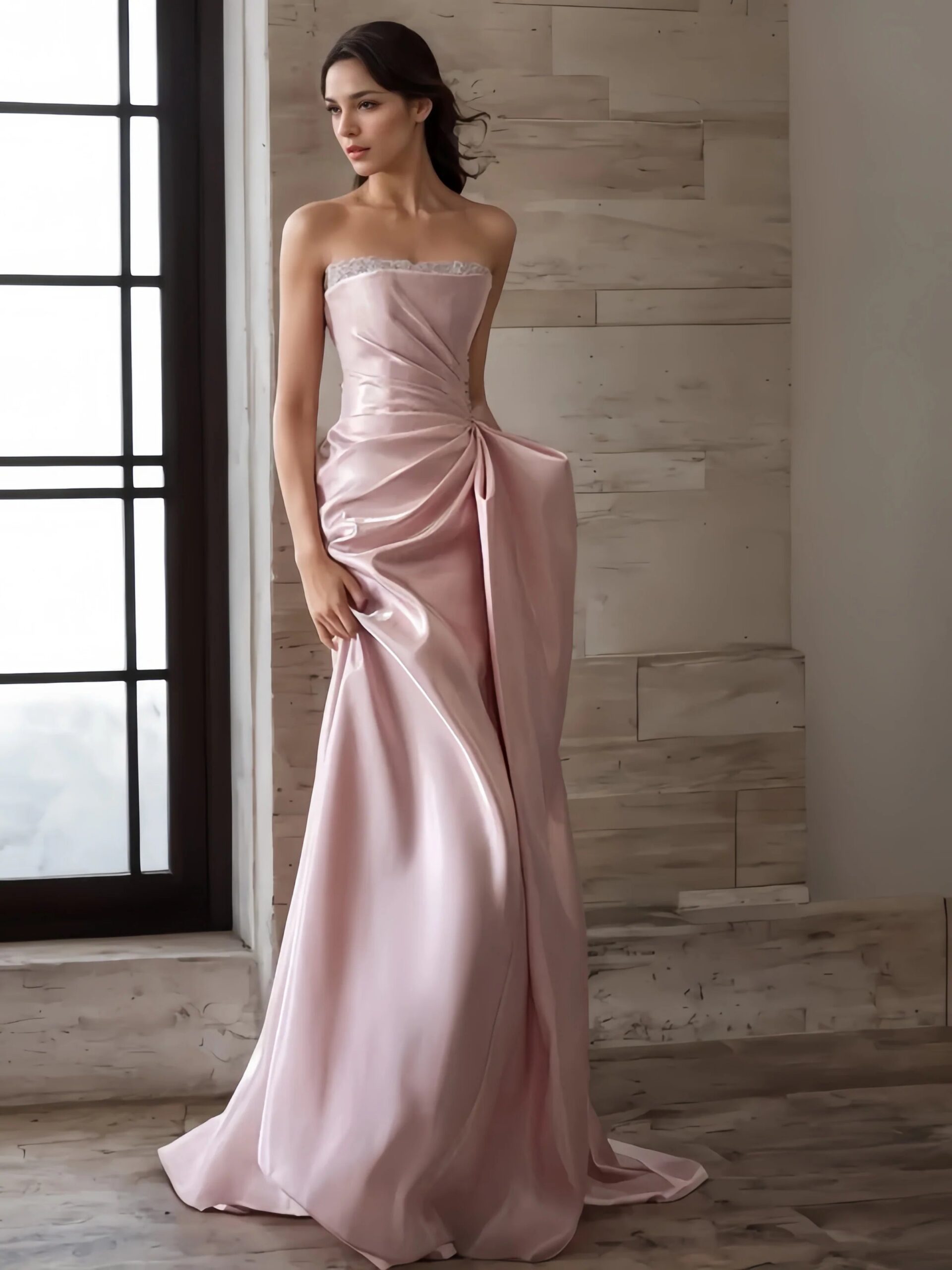 MERMAID STRAPLESS RUCHED BEADED PINK PROM GOWN