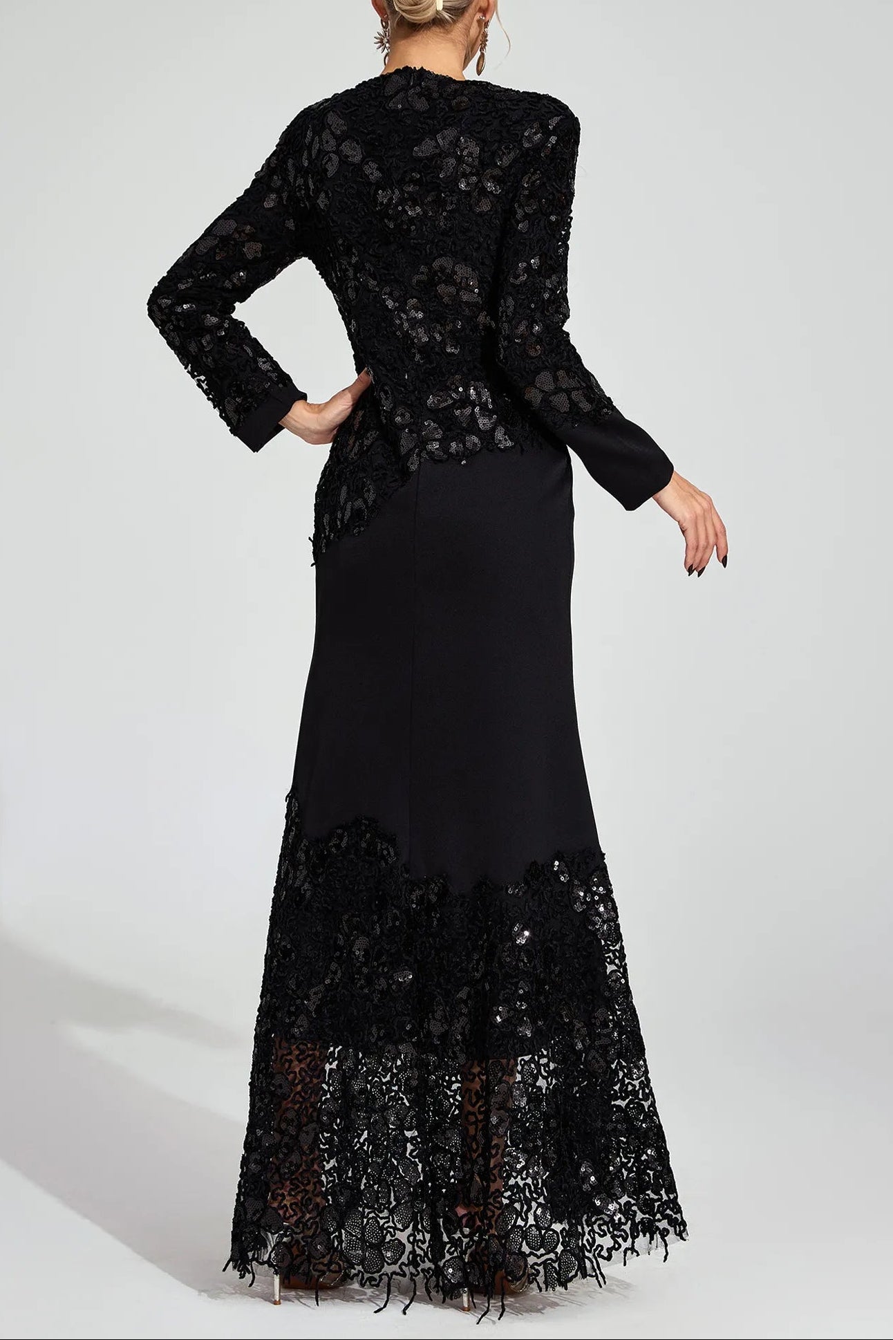 JOANNA BLACK EMBROIDERED MAXI DRESS LONG SLEEVE