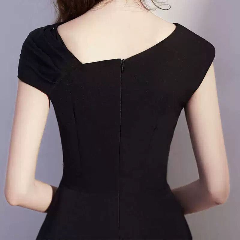 ASYMMETRIC PEARL SLEEVE MIDI DRESS, BLACK