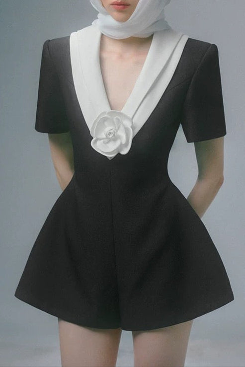 V-NECK BLACK JUMPSUIT 3D FLOWER PARTY